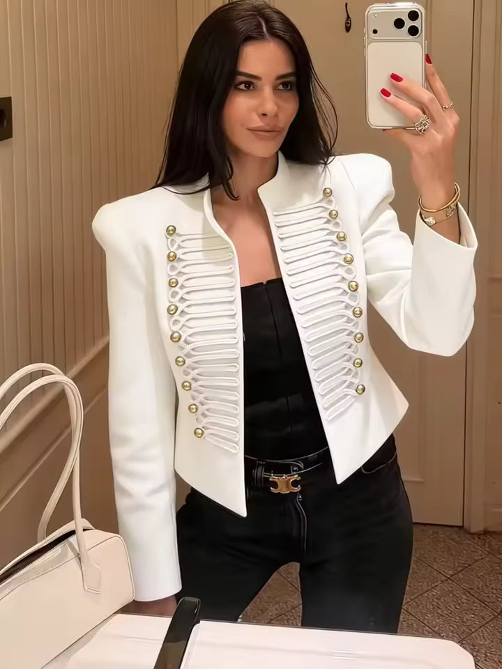 Ava Military Leather Bomber Jacket in White
