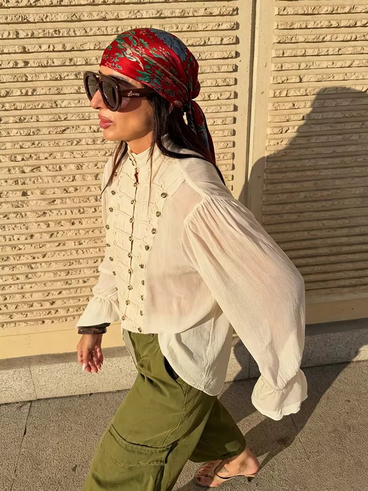 SOKYND Addison Vintage Stand Collar Frog Button Blouse BlouseSOKYND-182295-BEI-M-71319BeigeM