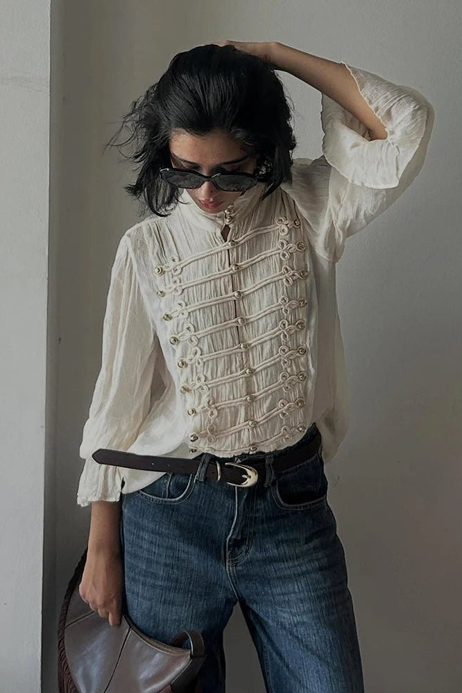 SOKYND Addison Vintage Stand Collar Frog Button Blouse BlouseSOKYND-182295-BEI-S-38551BeigeS