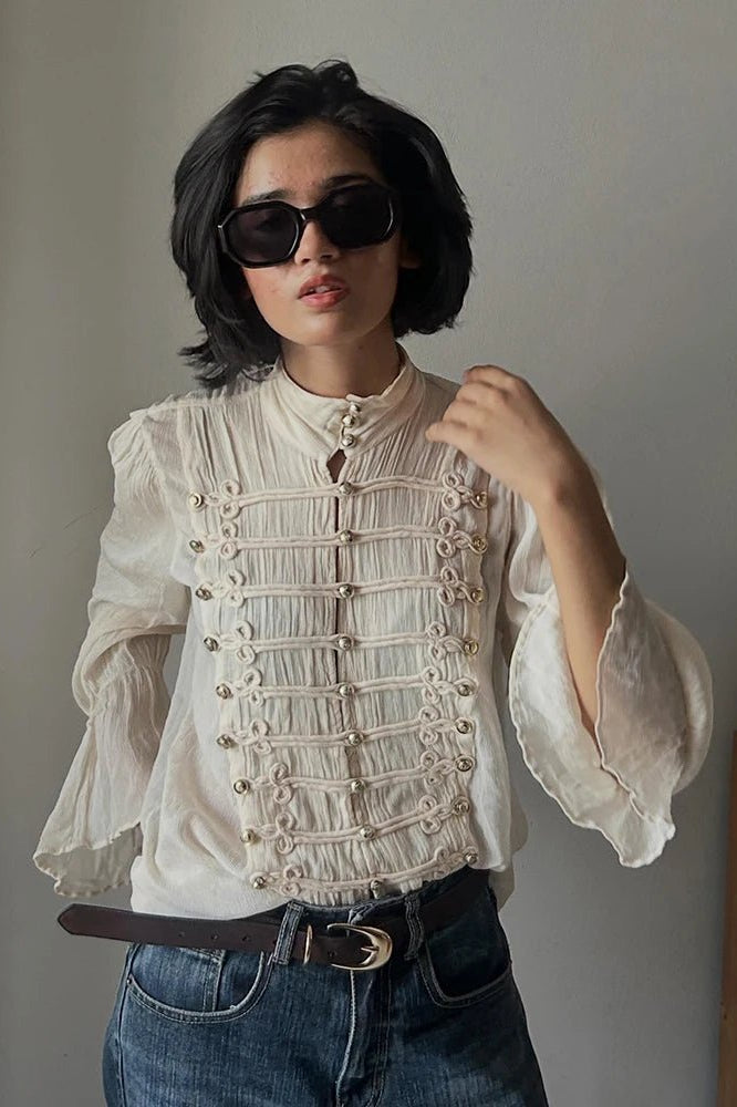 SOKYND Addison Vintage Stand Collar Frog Button Blouse BlouseSOKYND-182295-BEI-XS-05783BeigeXS
