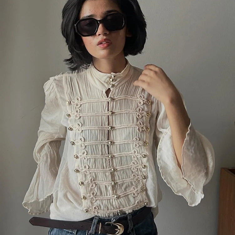 SOKYND Addison Vintage Stand Collar Frog Button Blouse BlouseSOKYND-182295-BEI-XS-05783BeigeXS