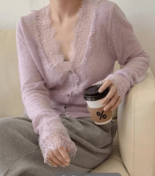 SOKYND Alicia V-Neck Lace Trim Cardigan CardiganSOKYND-419927-LAV-OS-65399Lavender