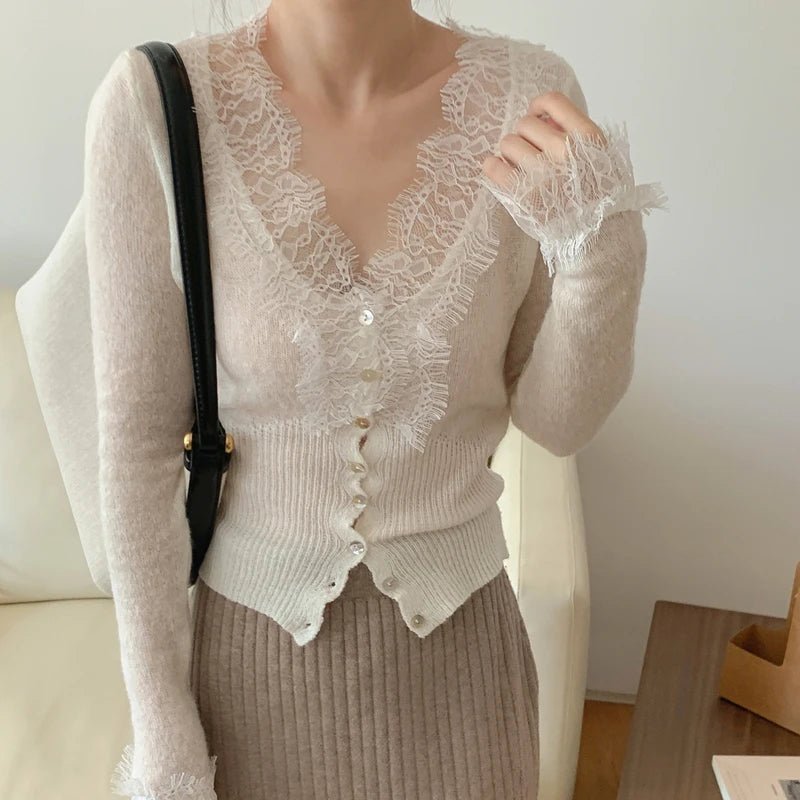 SOKYND Alicia V-Neck Lace Trim Cardigan CardiganSOKYND-419927-WHI-OS-67095White