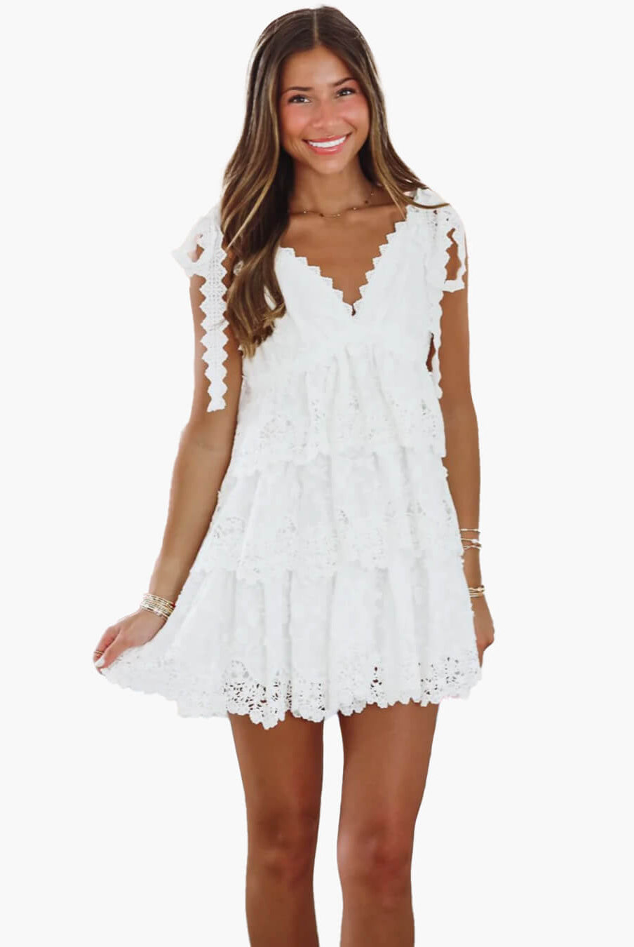 SOKYND Amaya V - Neck Tiered Lace Mini Dress DressesWhiteS