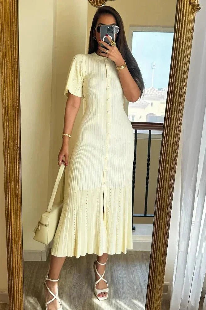 SOKYND Daniela Bell Sleeve Pleated Knit Midi Dress DressesSOKYND-493911-BEI-S-33431BeigeS