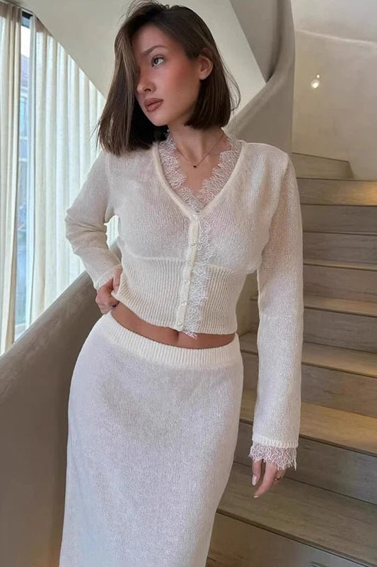 SOKYND Anna V-Neck Lace Trim Cardigan CardiganSOKYND-312727-WHI-OS-03927White