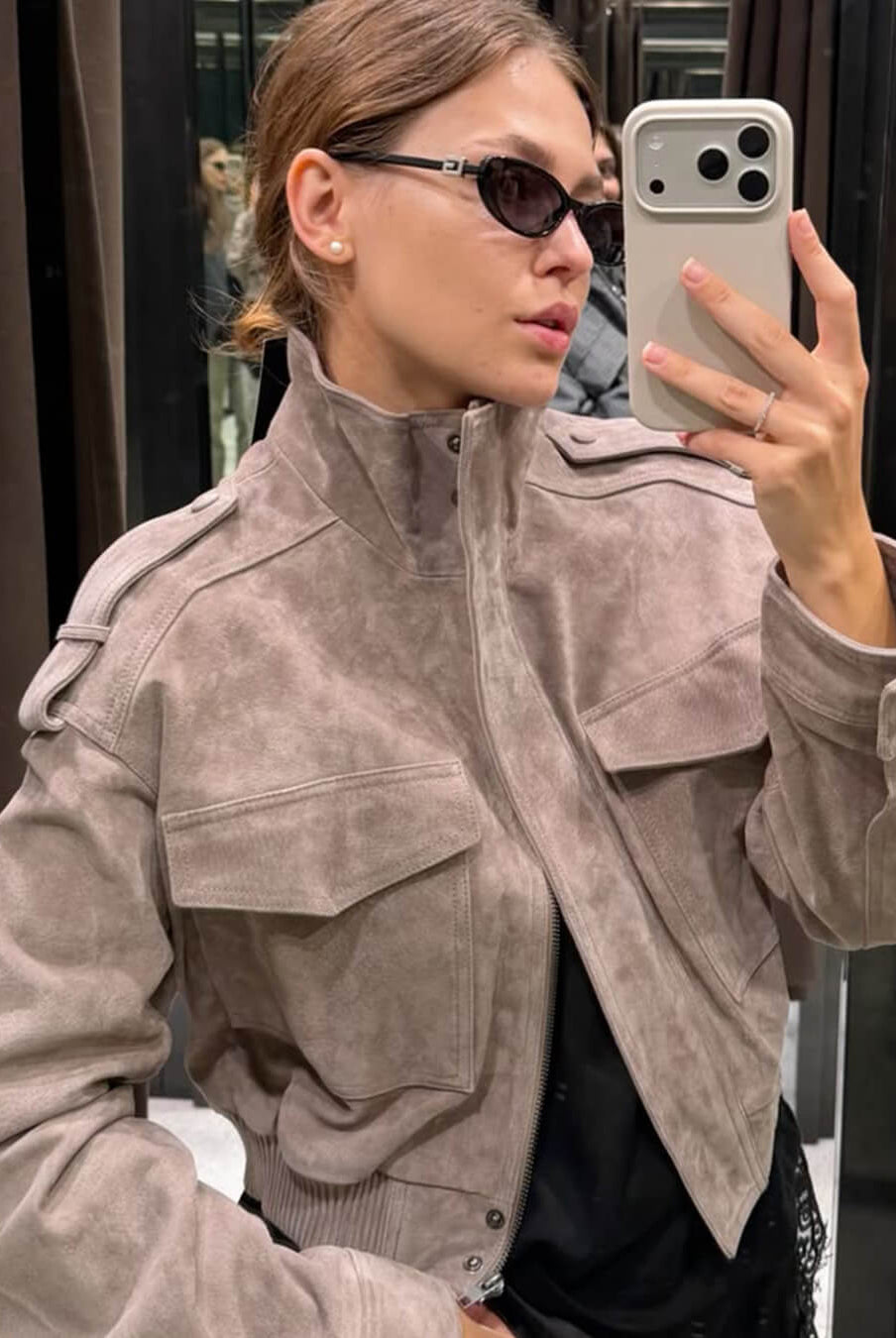 SOKYND Ava Suede Cropped Stand Collar Jacket JacketSOKYND-822167-GRE-M-49463GreyM