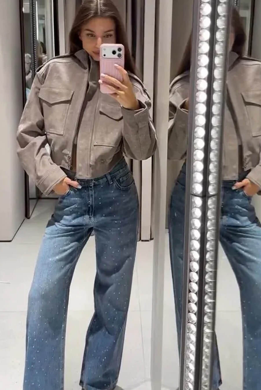 SOKYND Ava Suede Cropped Stand Collar Jacket JacketSOKYND-822167-GRE-M-49463GreyM