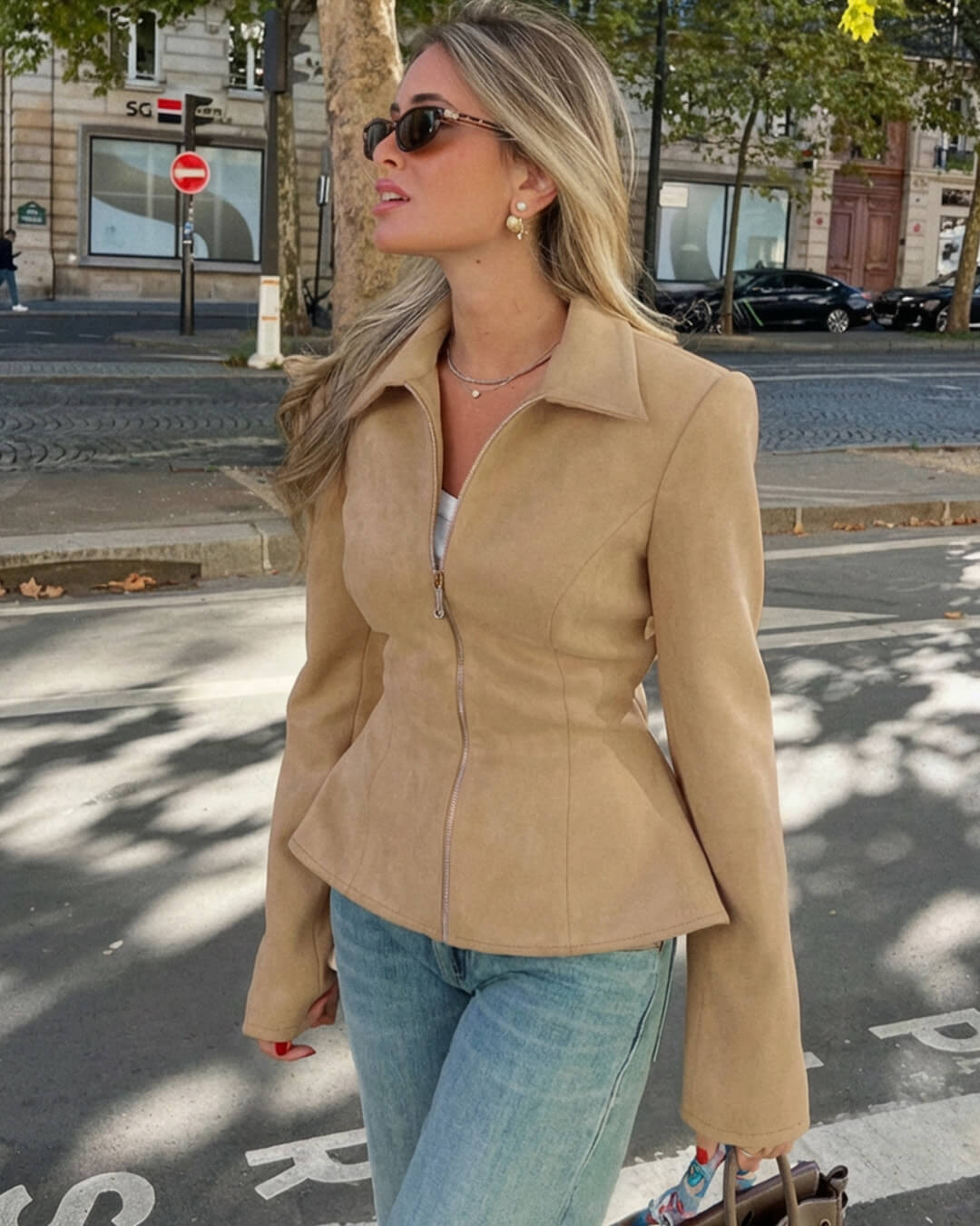 SOKYND Belle Faux Suede Jacket in Beige