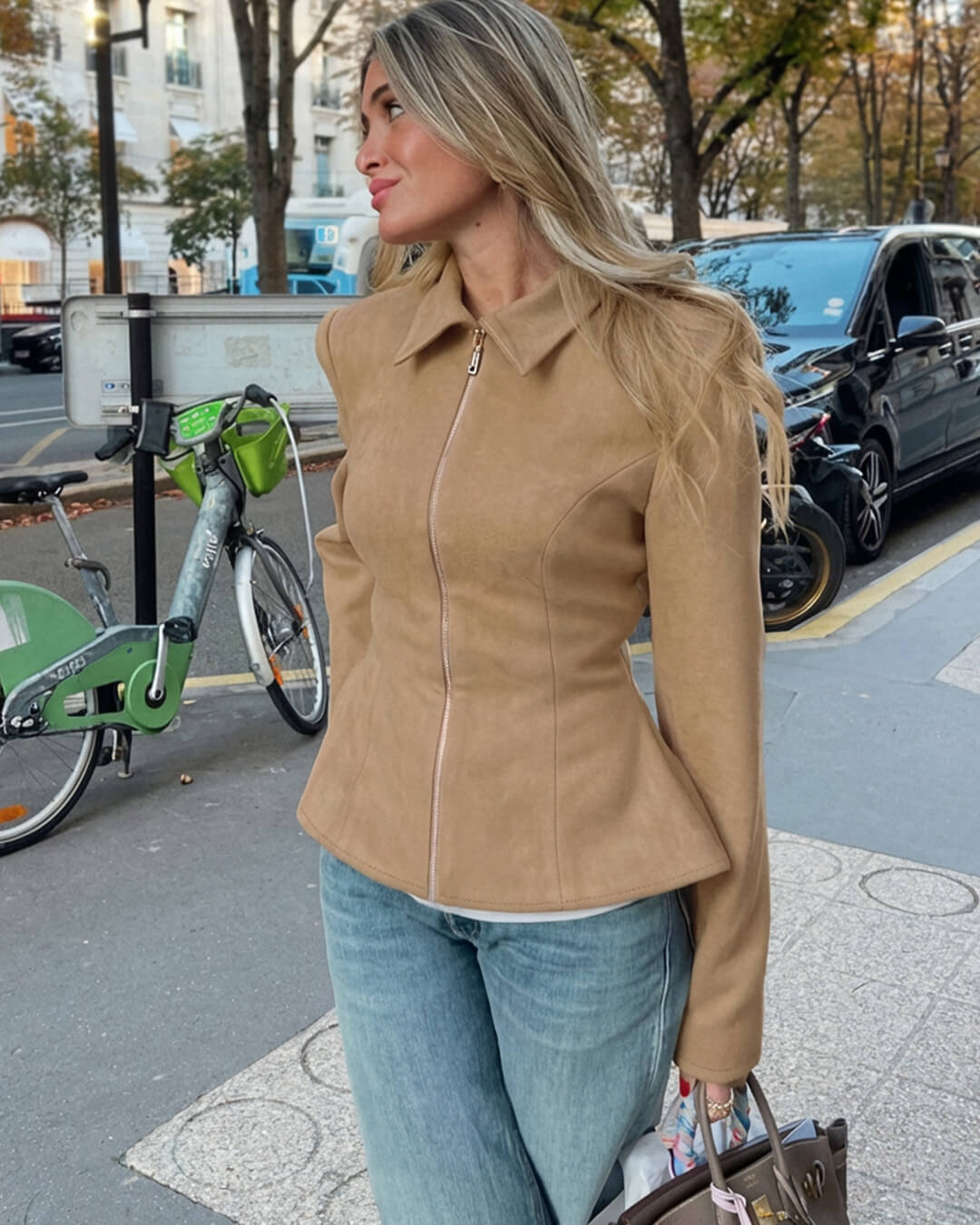 SOKYND Belle Faux Suede Jacket in Beige