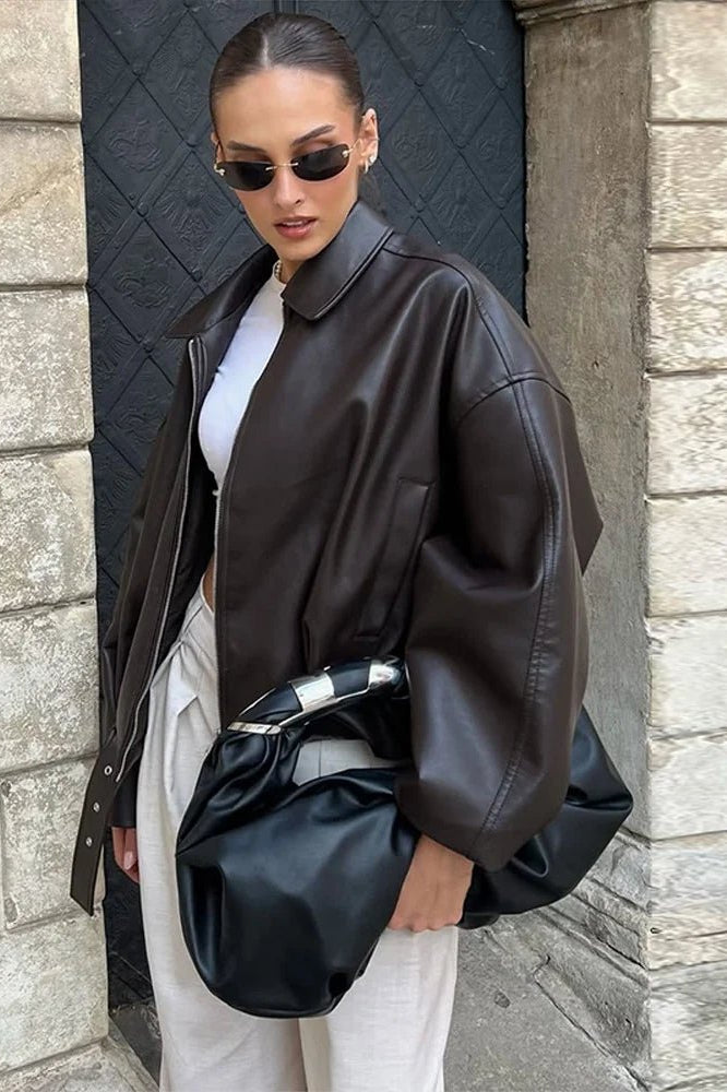 SOKYND Carlotta Vegan Leather Jacket Coats & Jacketsmk1767625273842570184BrownS