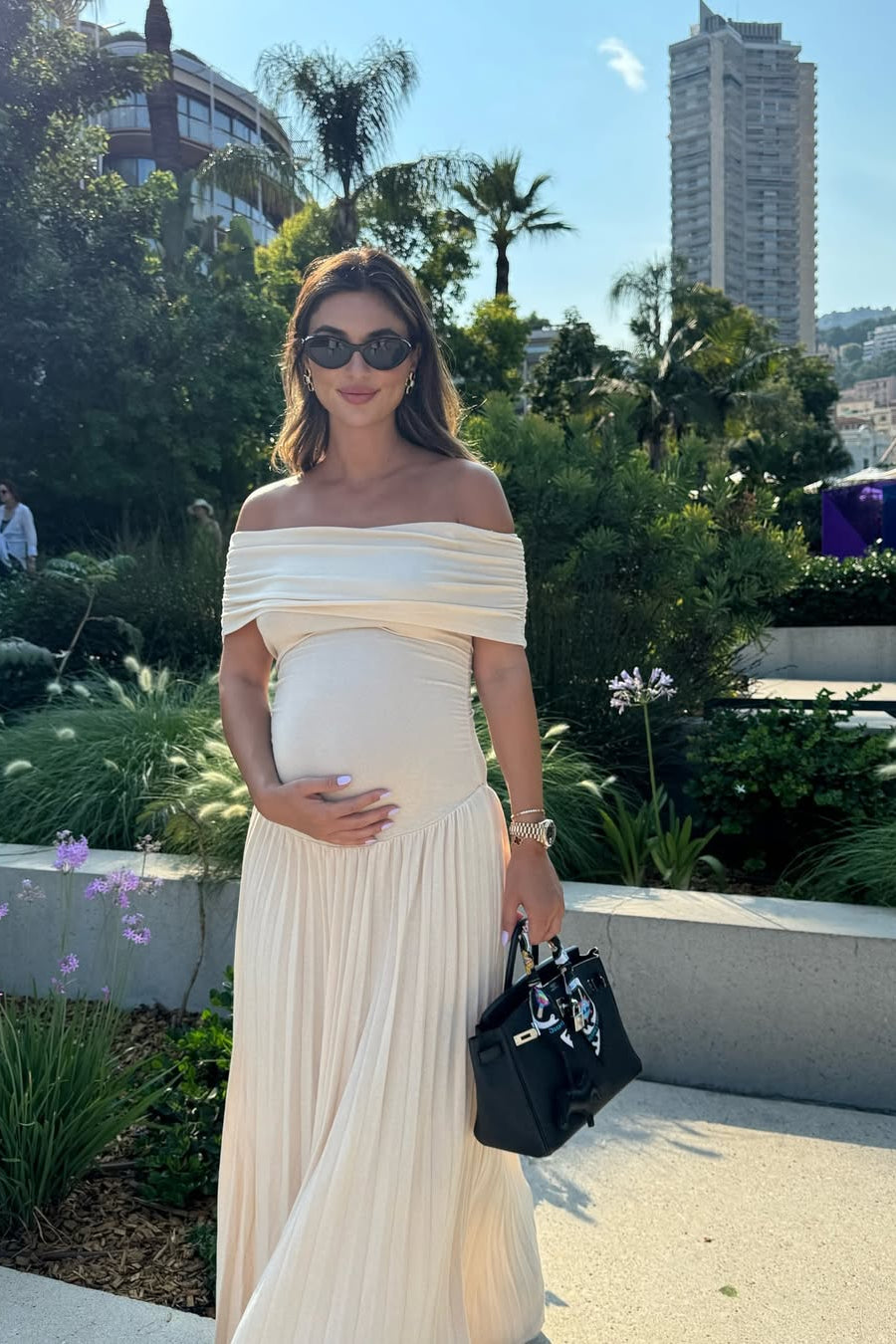 SOKYND Delilah Flowy Off - Shoulder Maternity Dress DressBeigeS
