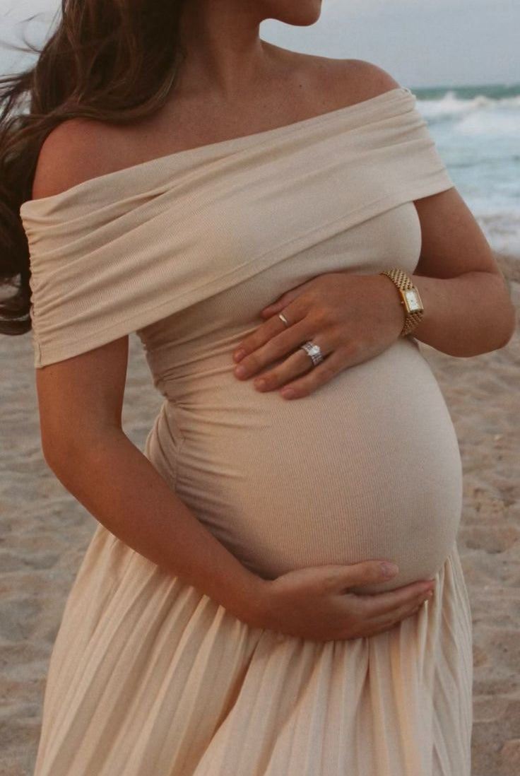 SOKYND Delilah Flowy Off - Shoulder Maternity Dress DressBeigeXS