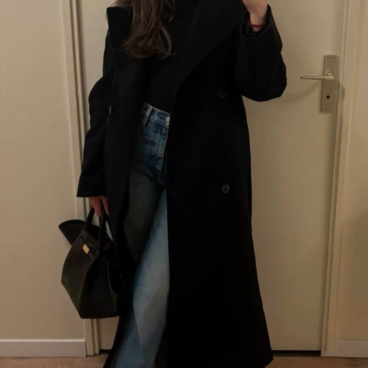 SOKYND Dolly Long Belted High Collar Coat in Black