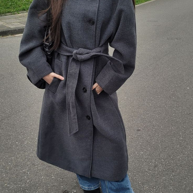 SOKYND Dolly Long Belted High Collar Coat in Grey