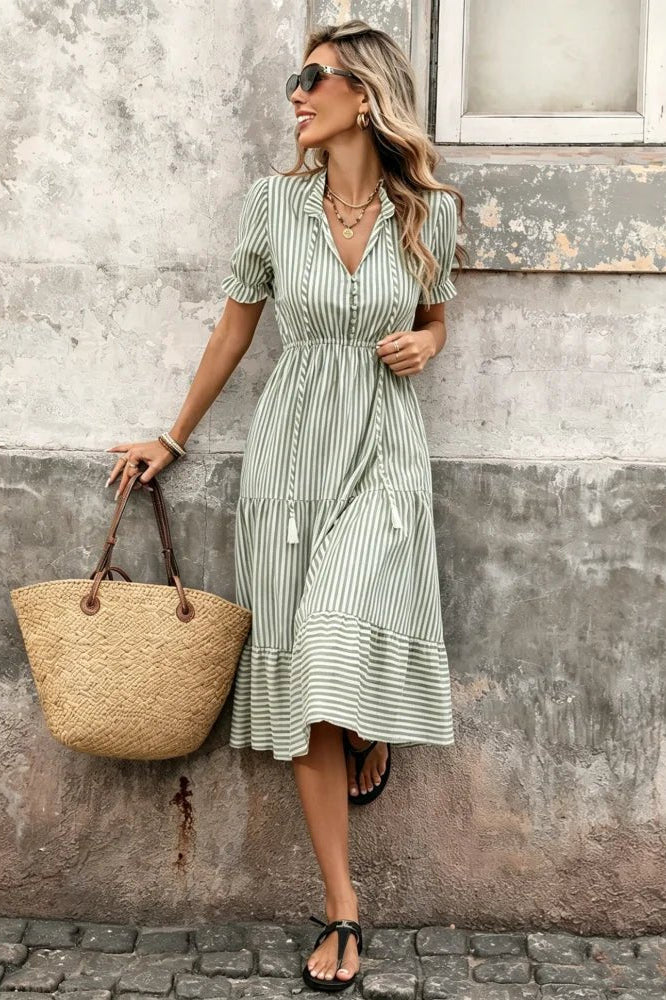 SOKYND Edith Striped Tassel Midi Dress DressGreenS