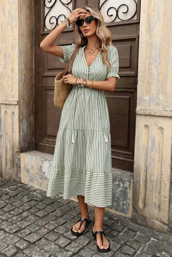 SOKYND Edith Striped Tassel Midi Dress DressesSOKYND-280343-GRE-S-66743GreenS