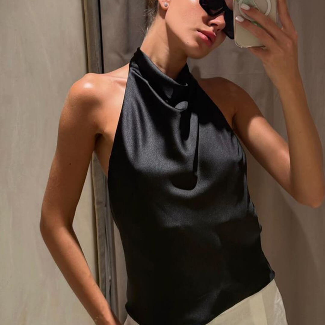 SOKYND Elaine Halter Backless Satin Top TopsBlackXS