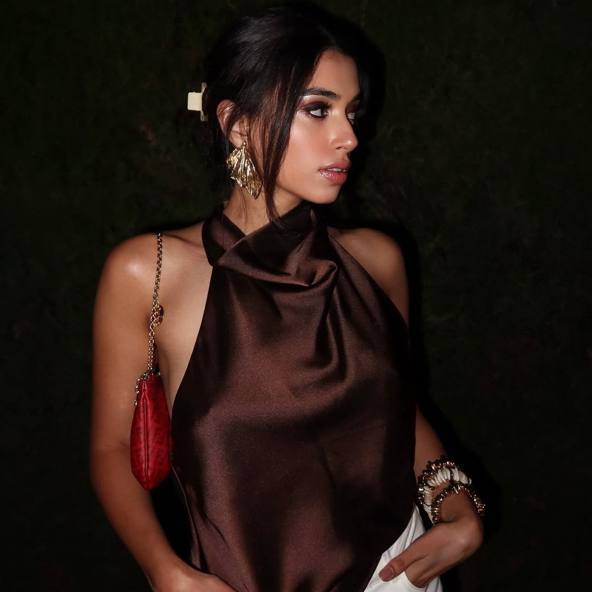 SOKYND Elaine Halter Backless Satin Top TopsBrownXS