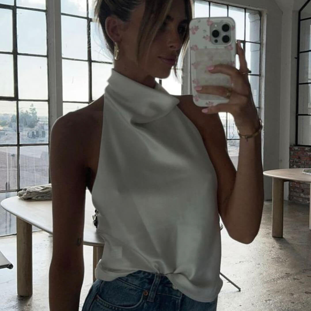 SOKYND Elaine Halter Backless Satin Top TopsWhiteXS
