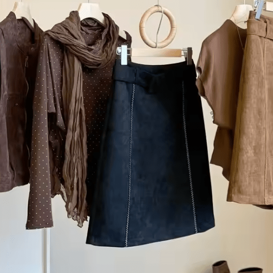 SOKYND Ellie Belted Faux Suede Midi Skirt SkirtBlackS