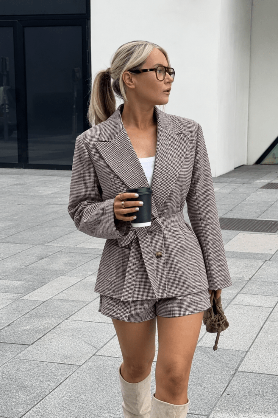 SOKYND Elma Houndstooth Belted Shorts Suit