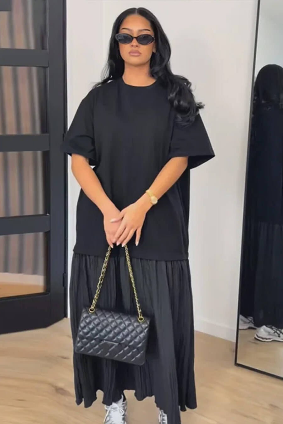 SOKYND Emilia Pleated Patchwork Midi Dress DressSOKYND-049367-BLA-S-24247BlackS