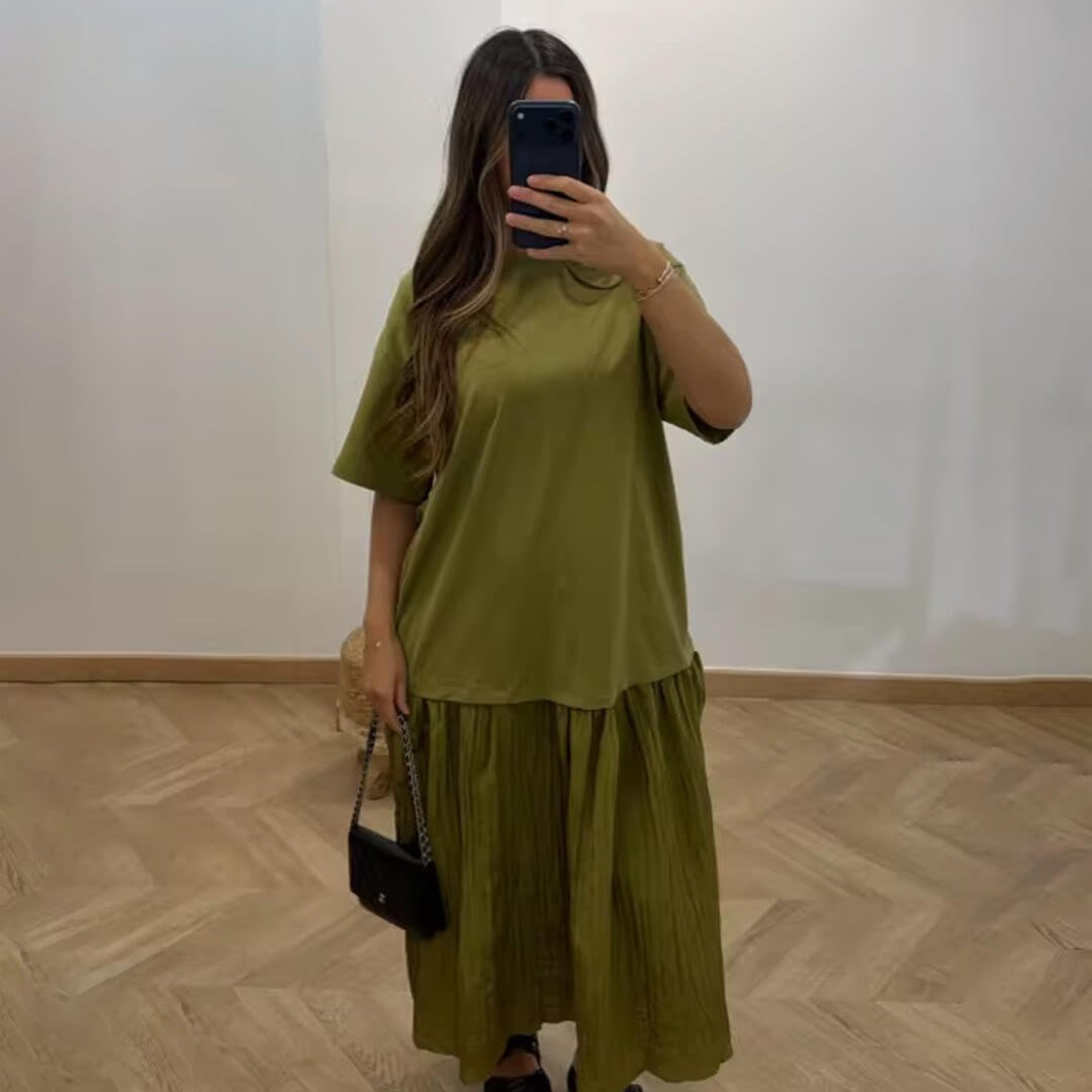 SOKYND Emilia Pleated Patchwork Midi Dress DressSOKYND-049367-GRE-S-25943GreenS