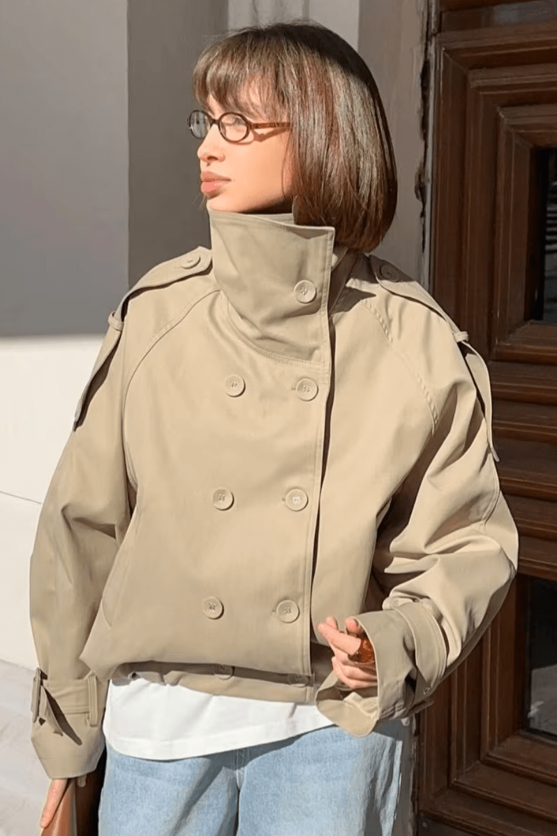 SOKYND Erica High Funnel Neck Cropped Trench Jacket JacketSOKYND-051223-BEI-M-43063BeigeM