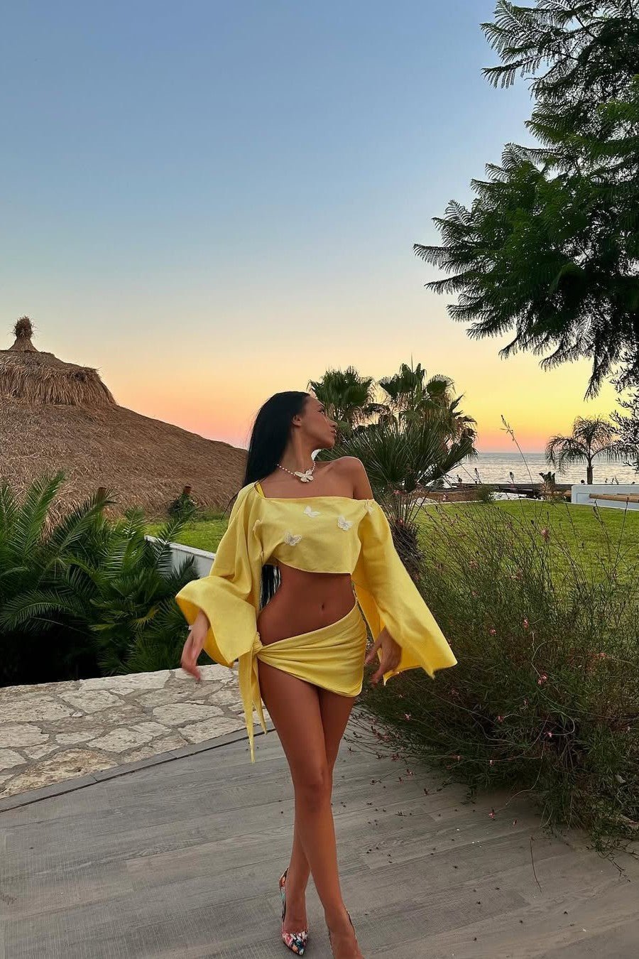 SOKYND Esmeralda Off-Shoulder Draped Two-Piece Set in Yellow
