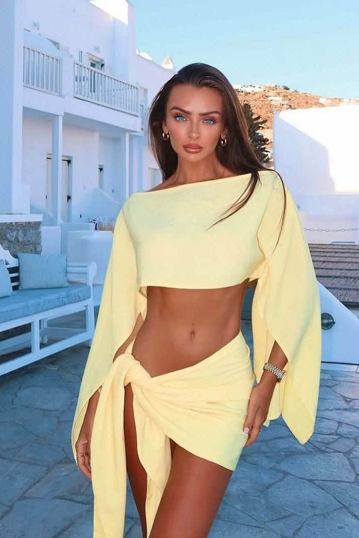 SOKYND Esmeralda Off-Shoulder Draped Two-Piece Set in Yellow