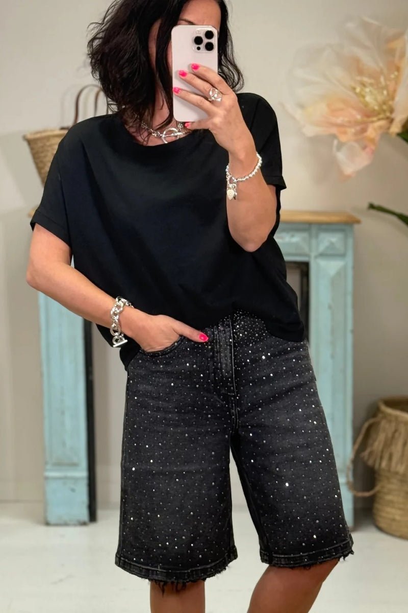 SOKYND Everly Rhinestone Denim Shorts BottomsfU1774905048120342600BlackM