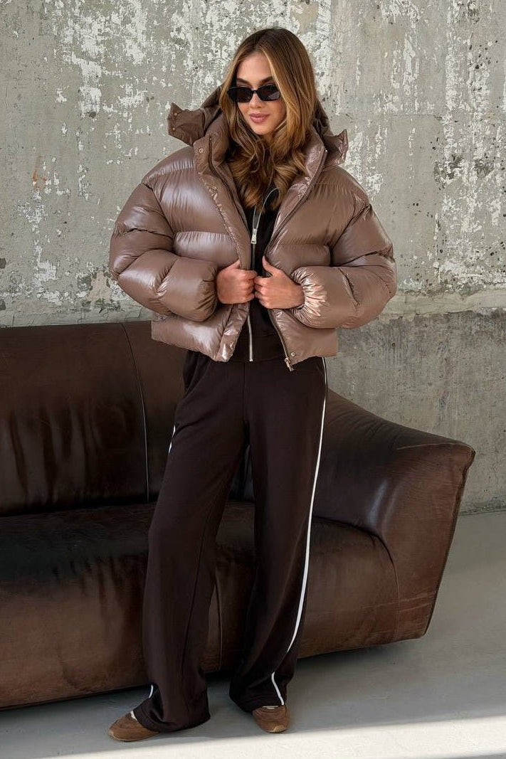 SOKYND Fiona Hooded Glossy Puffer Jacket JacketSOKYND-344727-BRO-M-95095BrownM