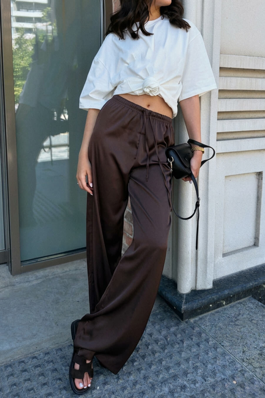 SOKYND Keith High Waist Satin Wide Leg Trousers TrouserskL1774219786667577051BrownM