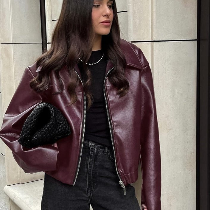 SOKYND Lara Matte Faux Leather Moto Jacket JacketSOKYND-601239-BUR-M-36471BurgundyM