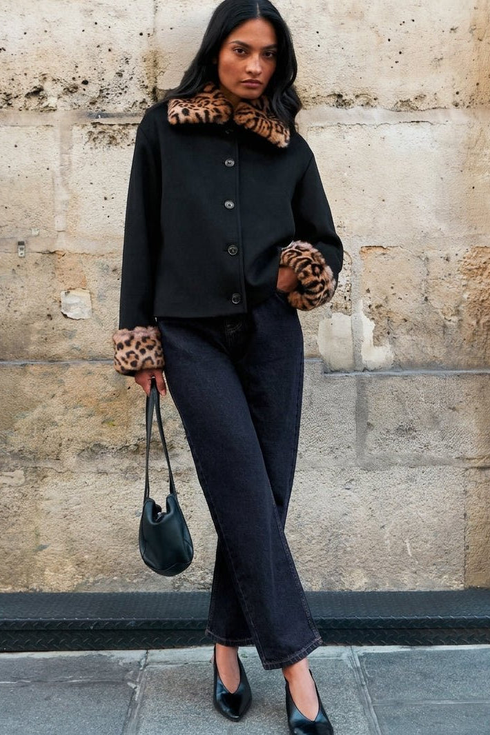 SOKYND Laura Leopard Faux Fur Trim Button-Up Jacket JacketSOKYND-626455-BLA-S-07031BlackS