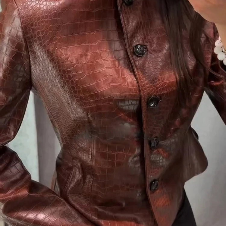 SOKYND Lola Croc Embossed Faux Leather Jacket JacketSOKYND-449943-BRO-S-53143BrownS