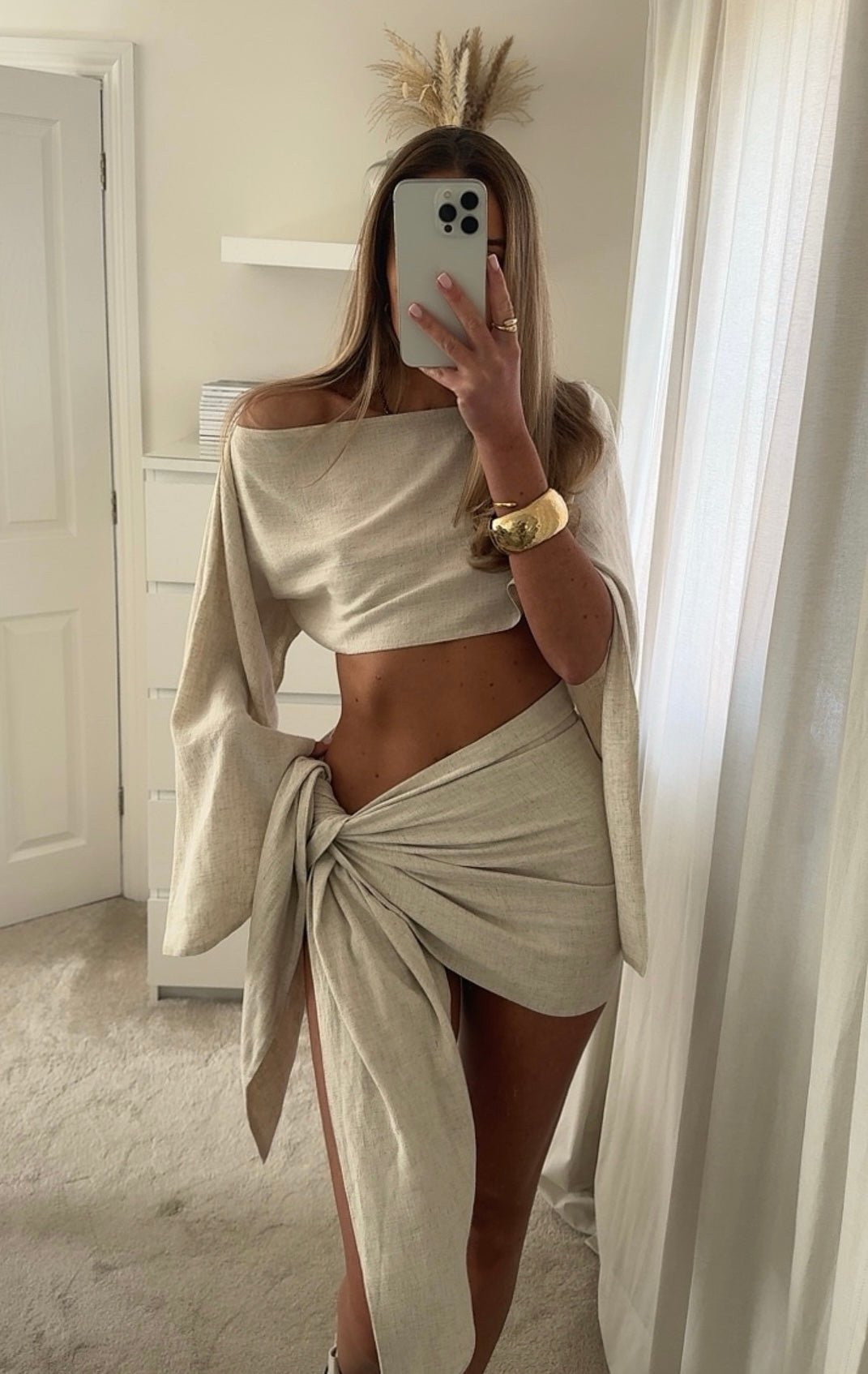 SOKYND Lucia Sarong & Off-Shoulder Top Set in Beige