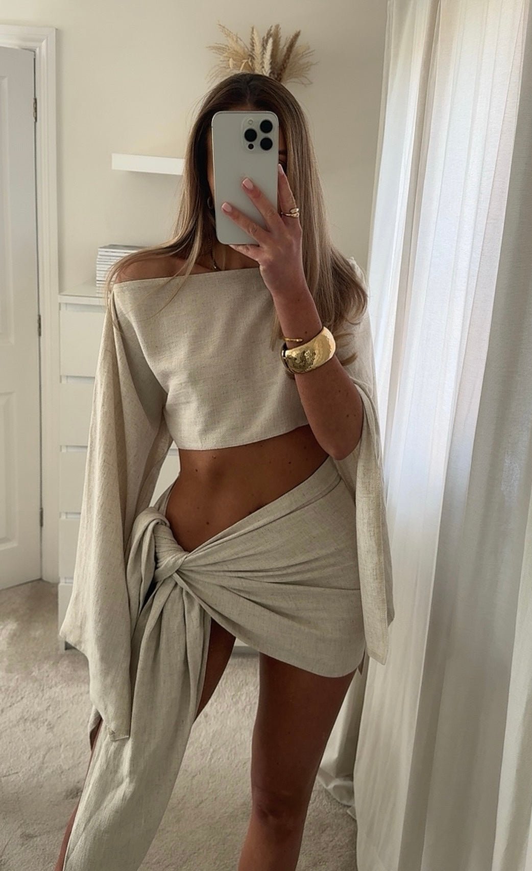 SOKYND Lucia Sarong & Off-Shoulder Top Set in Beige