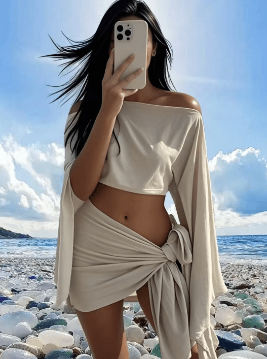 SOKYND Lucia Sarong & Off-Shoulder Top Set in Beige