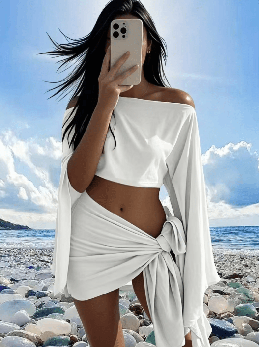 SOKYND Lucia Sarong & Off-Shoulder Top Set in White