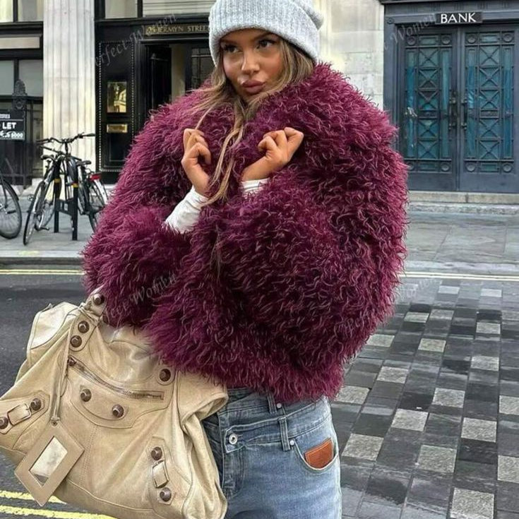 SOKYND Lyndie Short Faux Fur Coat Coats & JacketsBurgundyS