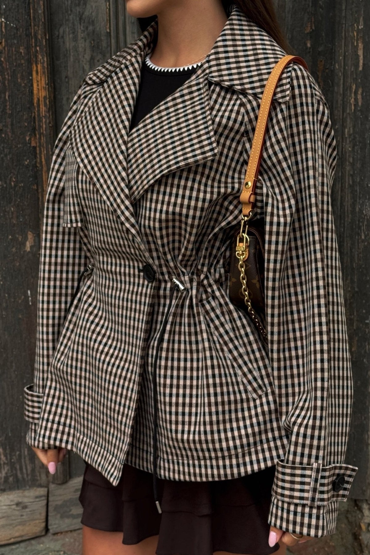 SOKYND Maria Drawstring Gingham Short Trench CoatSOKYND-115607-BEI-S-66775BeigeS