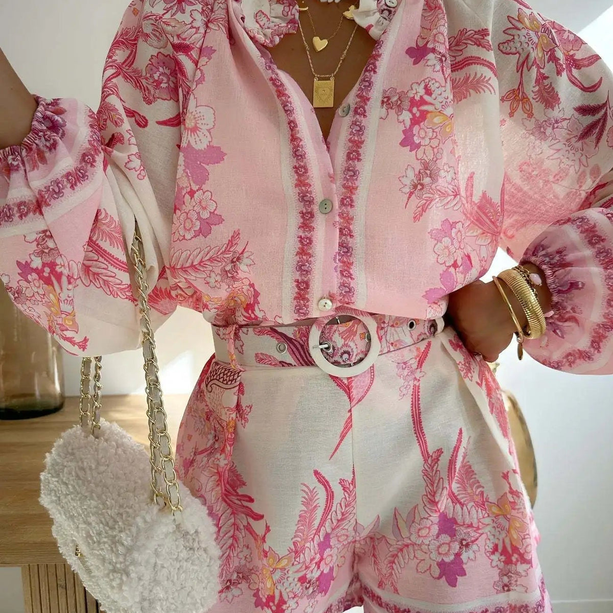 SOKYND Misty Floral Print Long Sleeve Shorts Set Matching Sets1005008984198283-;Ql1774905278707972816GreenS