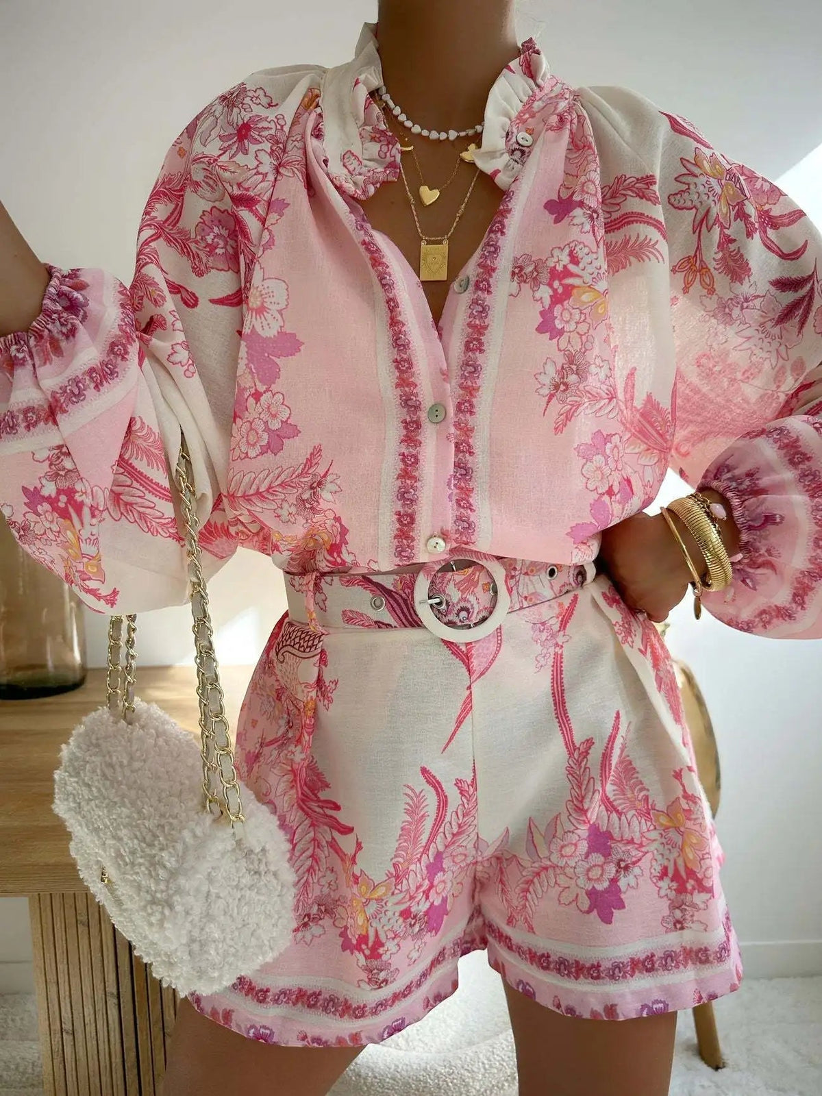 SOKYND Misty Floral Print Long Sleeve Shorts Set in Pink