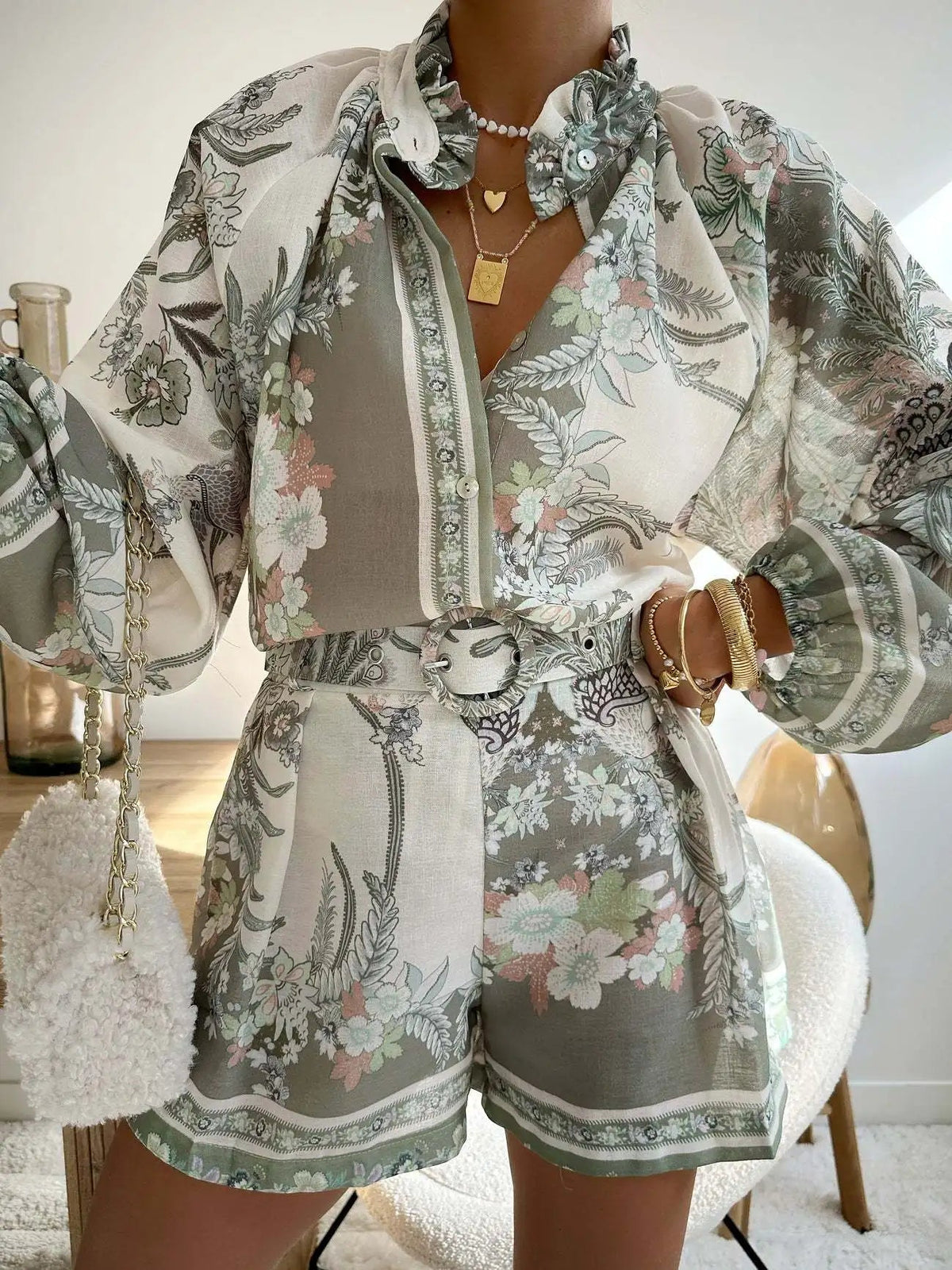 SOKYND Misty Floral Print Long Sleeve Shorts Set in Green