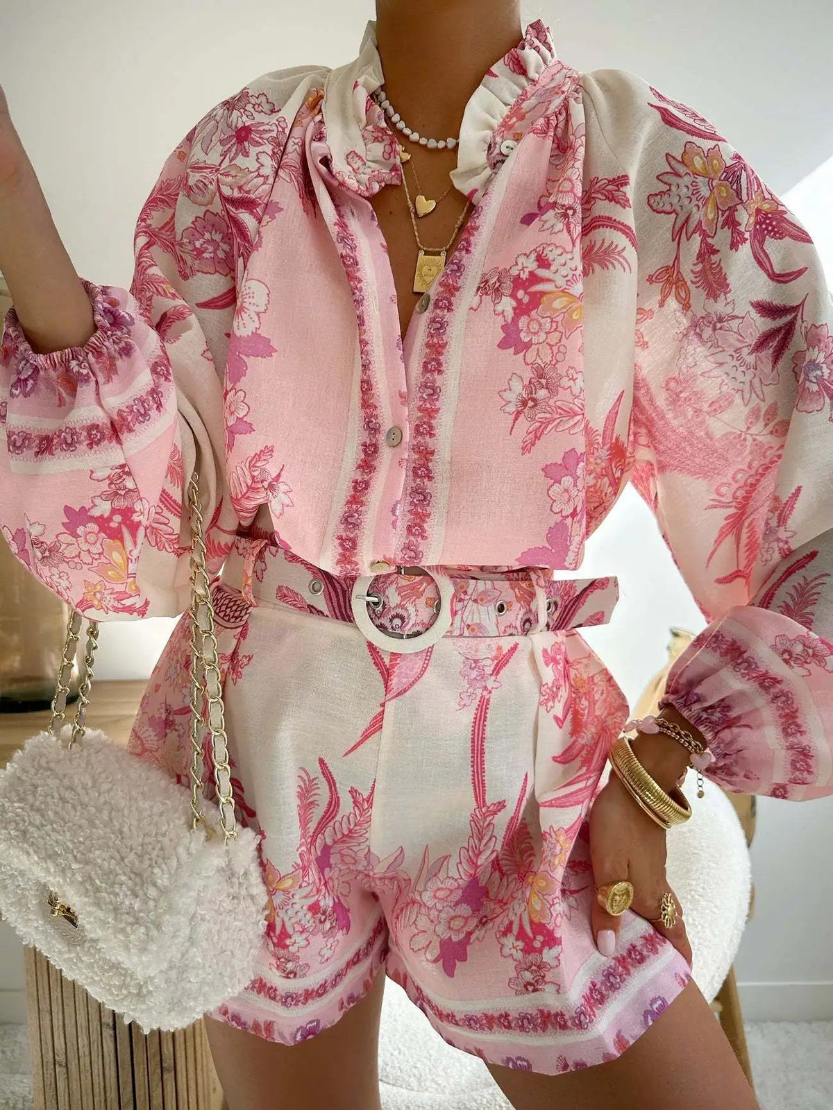SOKYND Misty Floral Print Long Sleeve Shorts Set in Pink