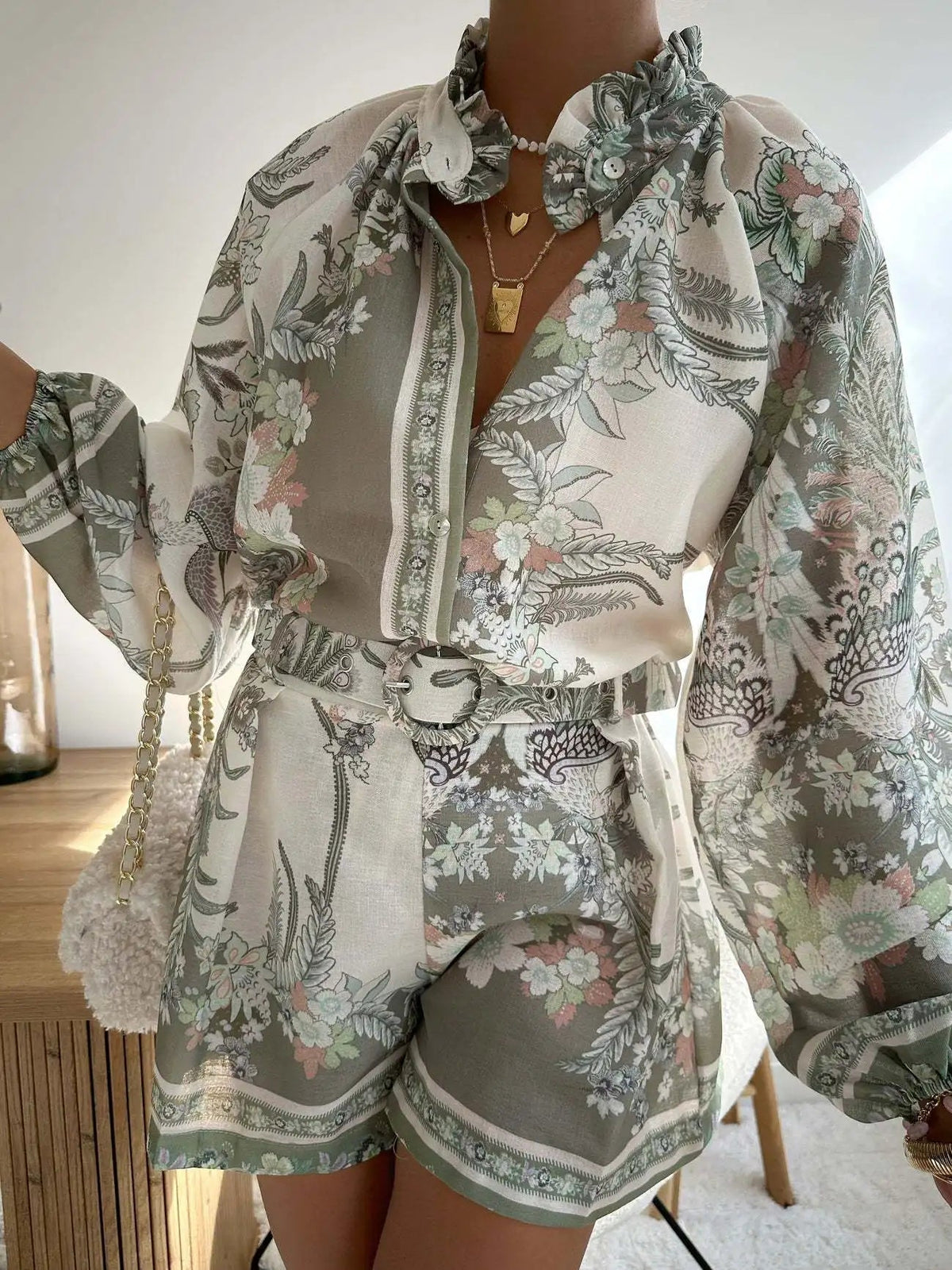 SOKYND Misty Floral Print Long Sleeve Shorts Set in Green