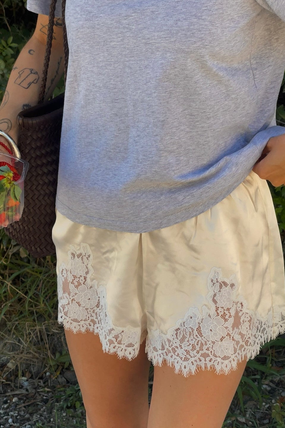 SOKYND Moira Satin Lounge Shorts BottomsBeigeS
