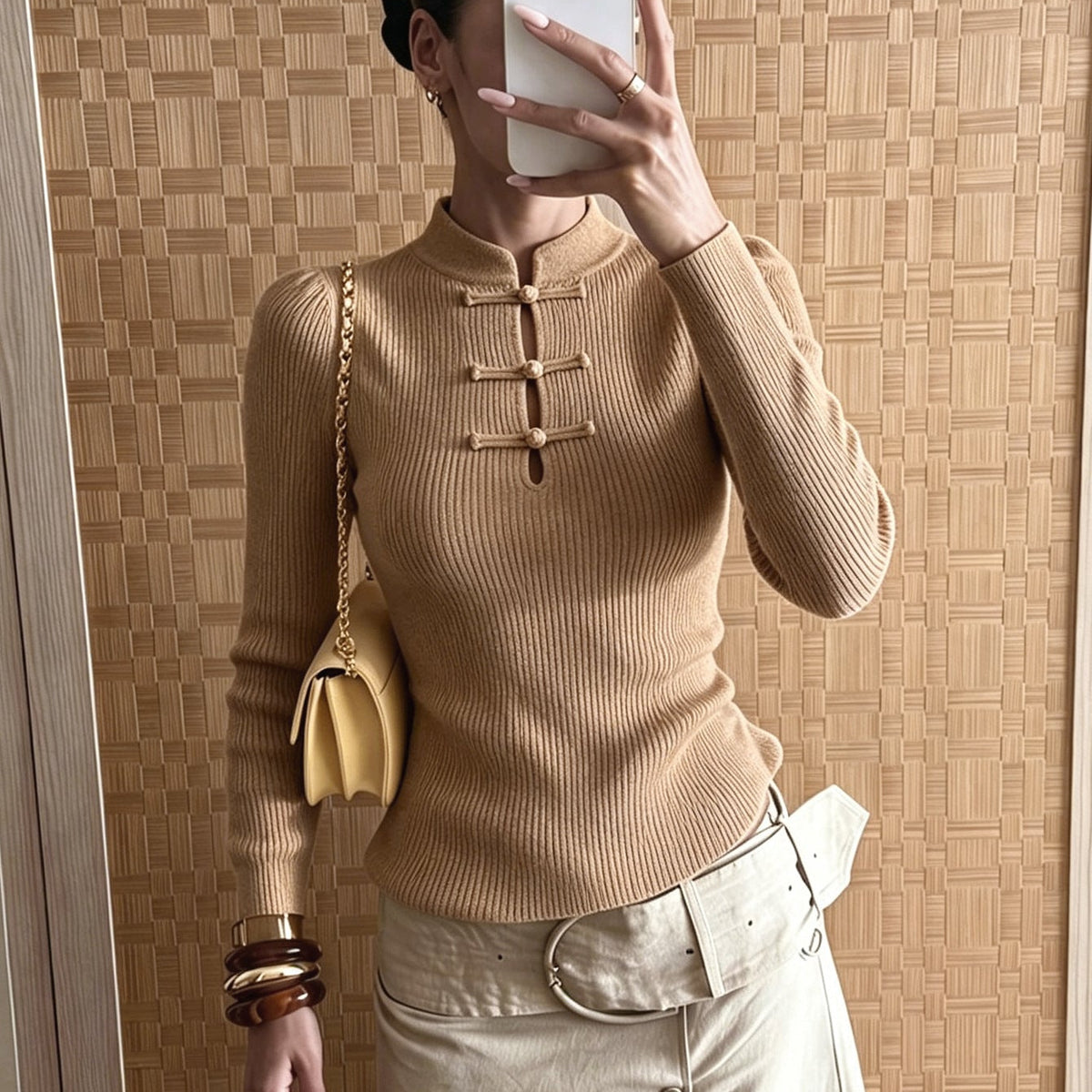 SOKYND Naomi Mandarin Collar Ribbed Knit Top TopSOKYND-389463-BEI-XS-98231BeigeXS